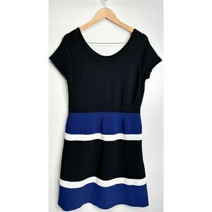 Ann Klein Midi Dress Womens Medium Colorblock A-line Black/Blue Short Sleeve